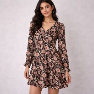 Knox Rose Mini Babydoll Peasant Dress Black Floral Long Sleeve Romantic Boho M